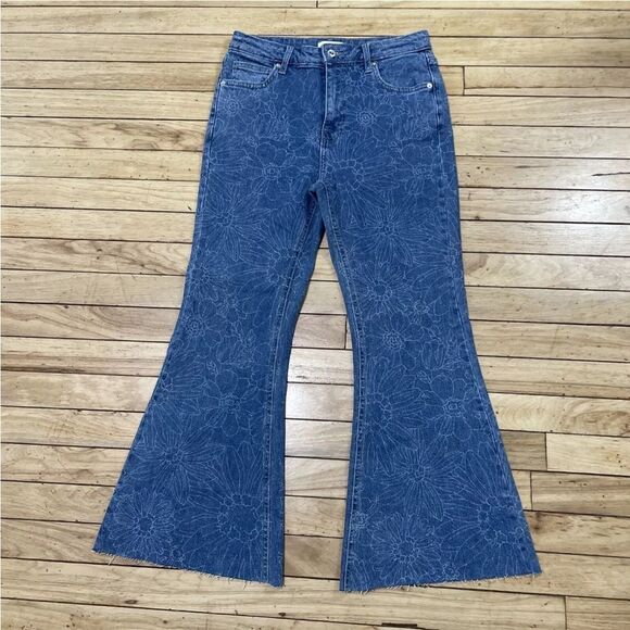 FOREVER 21 PREMIUM Womens Jeans Blue Floral Bell  Bottom Flare Hippie Denim 28 - Picture 2 of 16